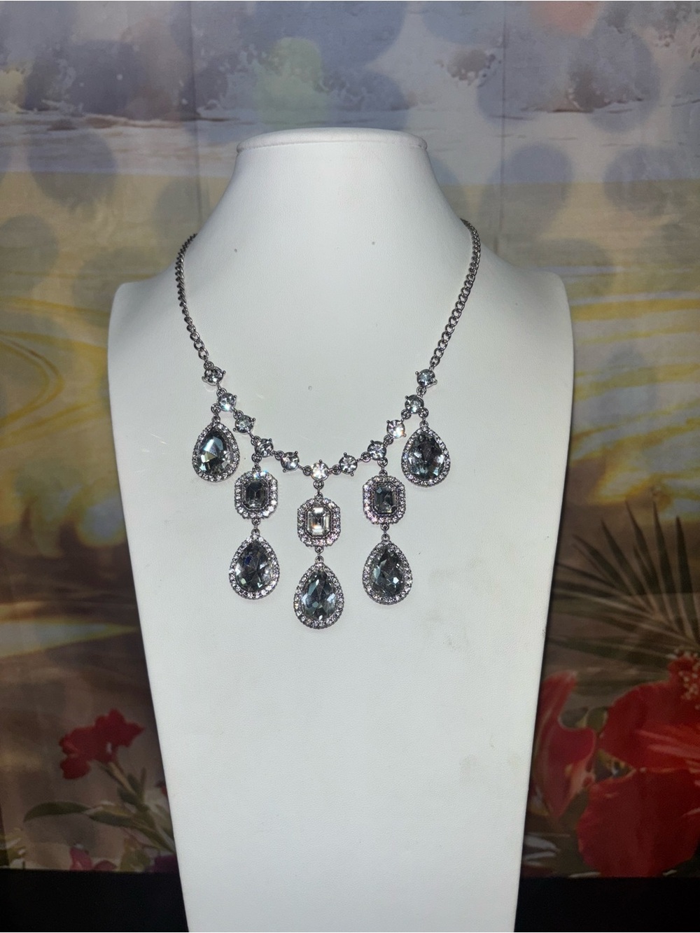 Silver-Tone Clear Crystal Teardrop Statement Necklace